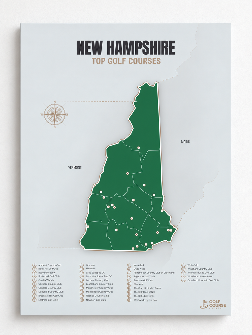 New Hampshire golf courses map in Green - Unframed