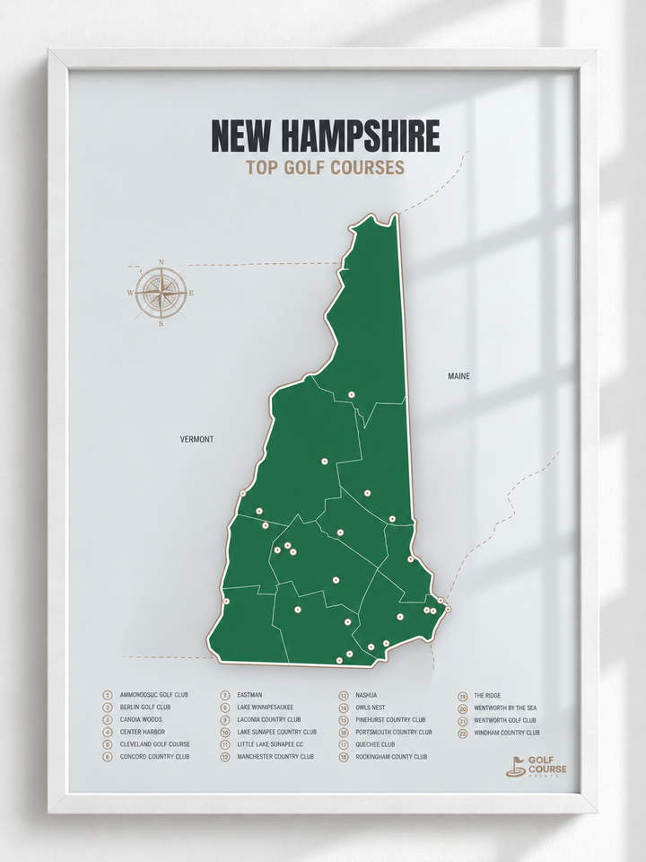 New Hampshire golf courses map in Green - White Framed