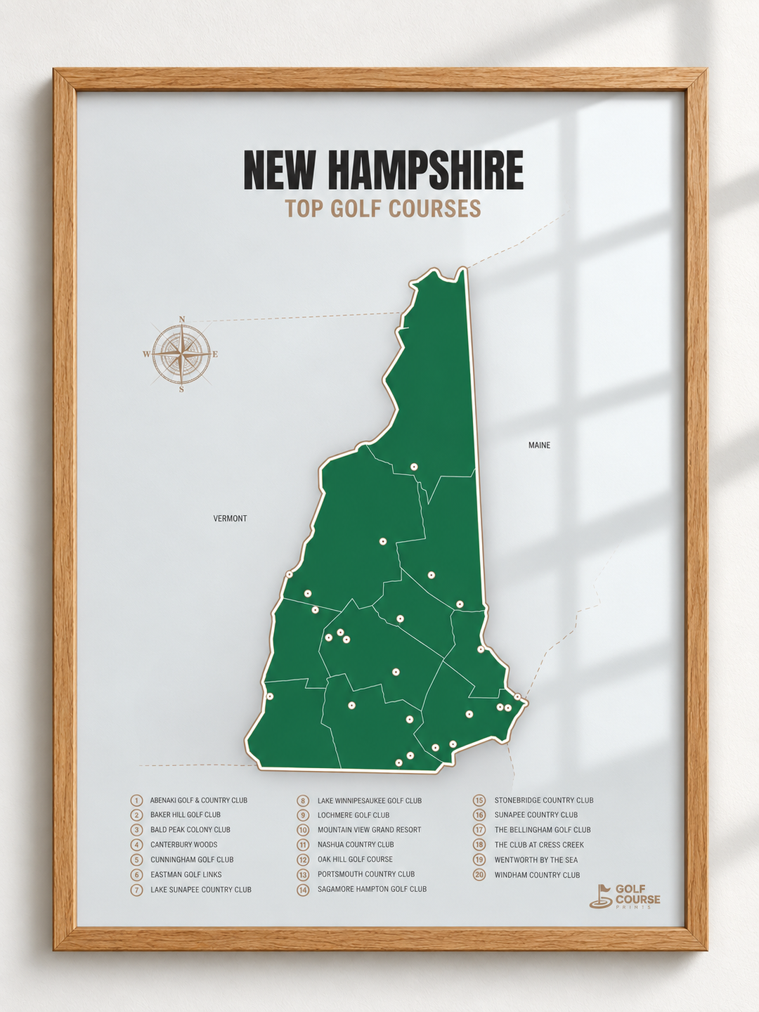 New Hampshire golf courses map in Green - Wooden Framed