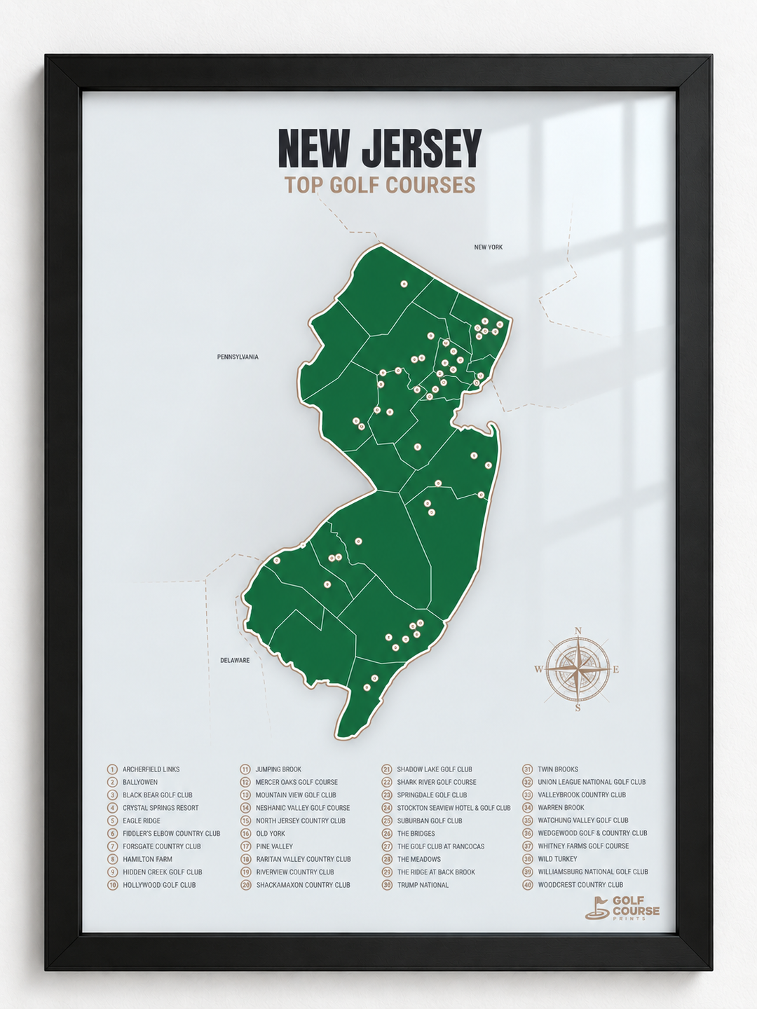New Jersey golf courses map in Green - Black Framed