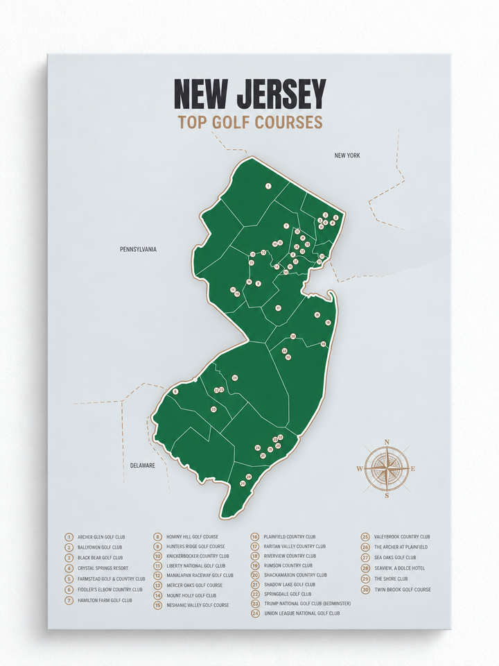 New Jersey golf courses map in Green - Unframed