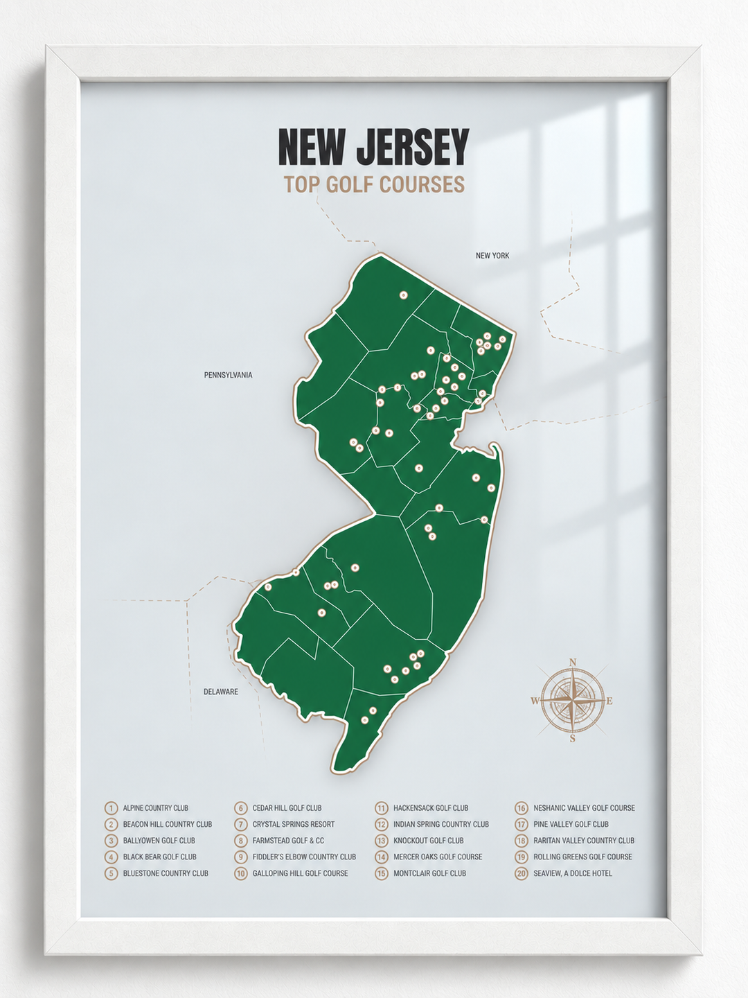 New Jersey golf courses map in Green - White Framed