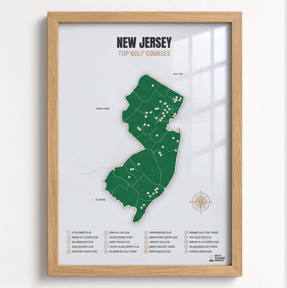 New Jersey golf courses map in Green - Wooden Framed