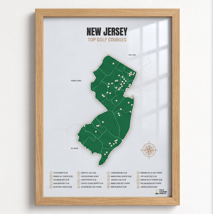 New Jersey golf courses map in Green - Wooden Framed