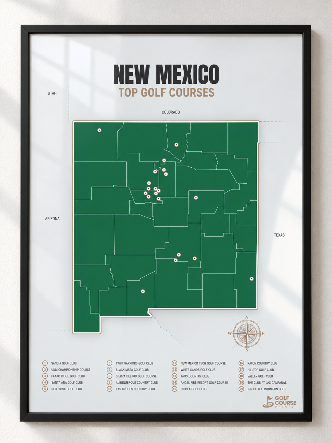 New Mexico golf courses map in Green - Black Framed
