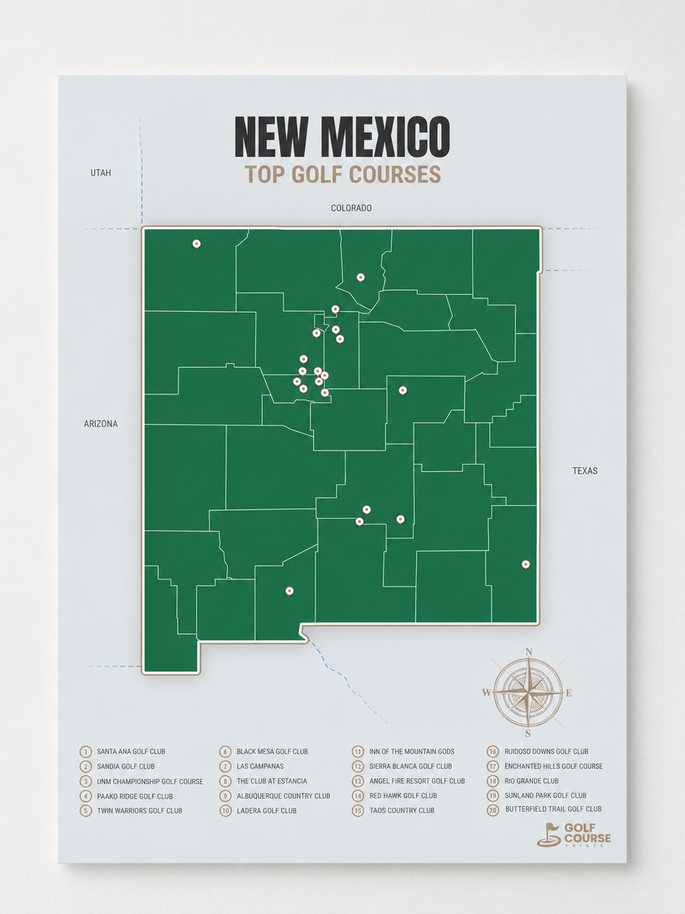 New Mexico golf courses map in Green - Unframed