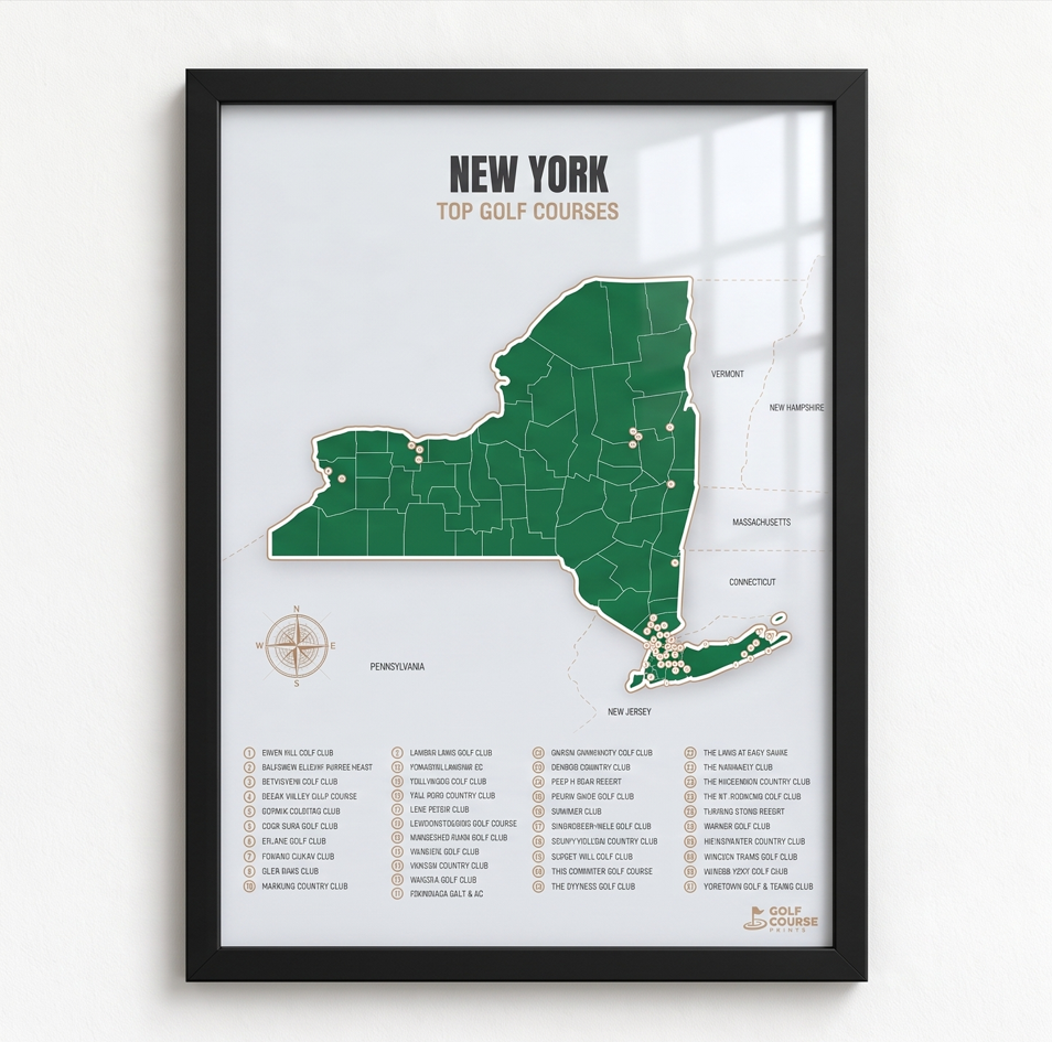 New York golf courses map in Green - Black Framed