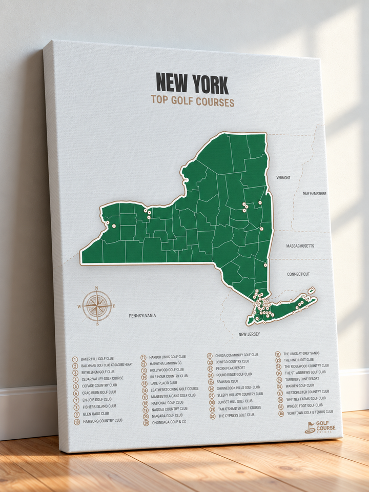 New York golf courses map in Green - Canvas