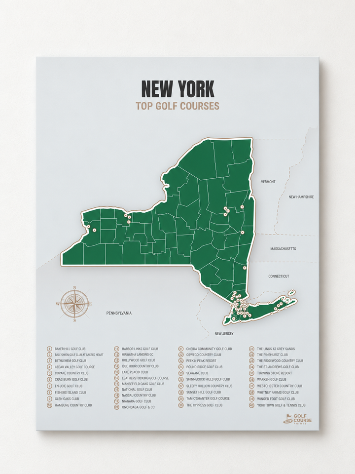 New York golf courses map in Green - Unframed