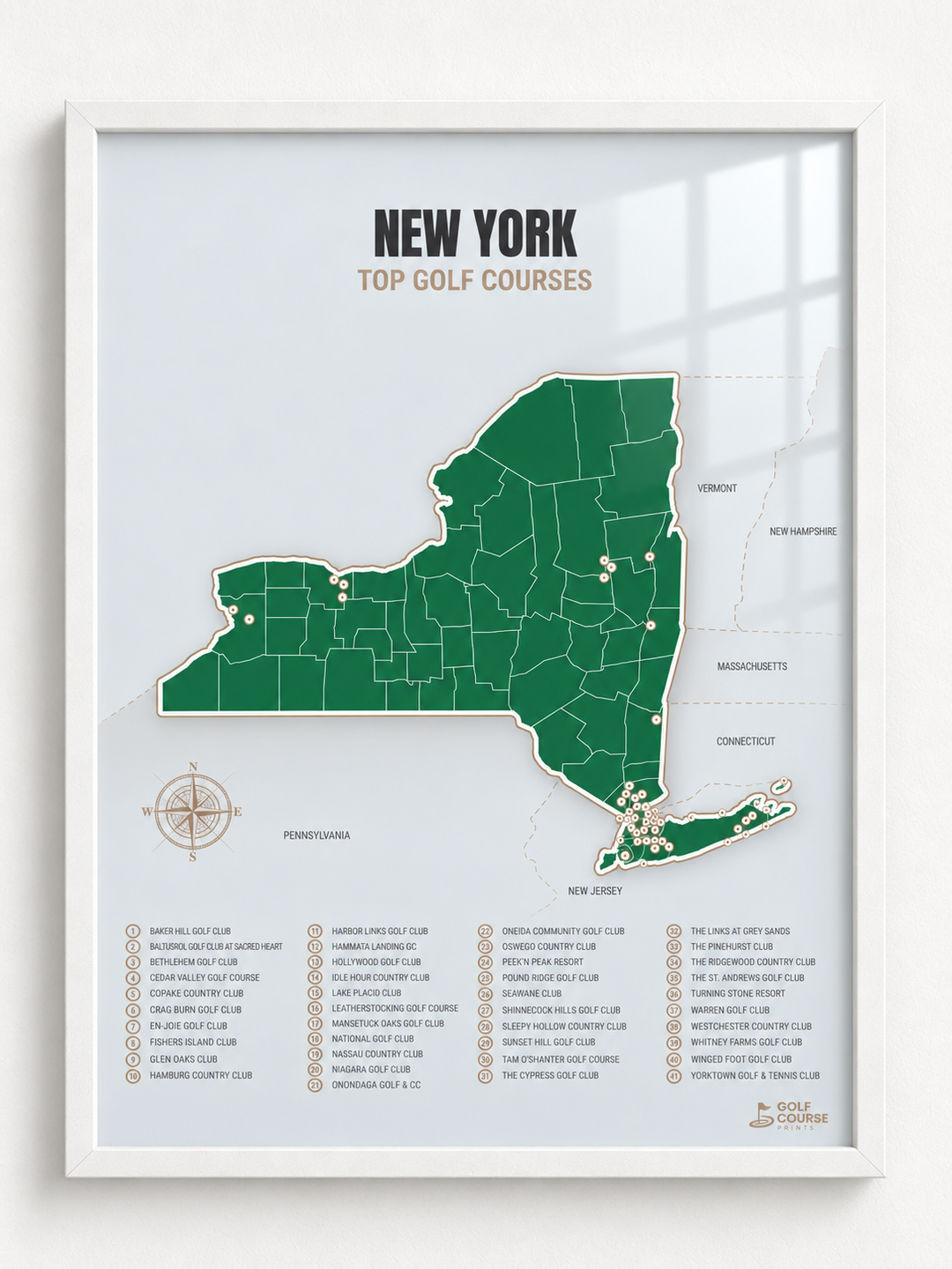 New York golf courses map in Green - White Framed