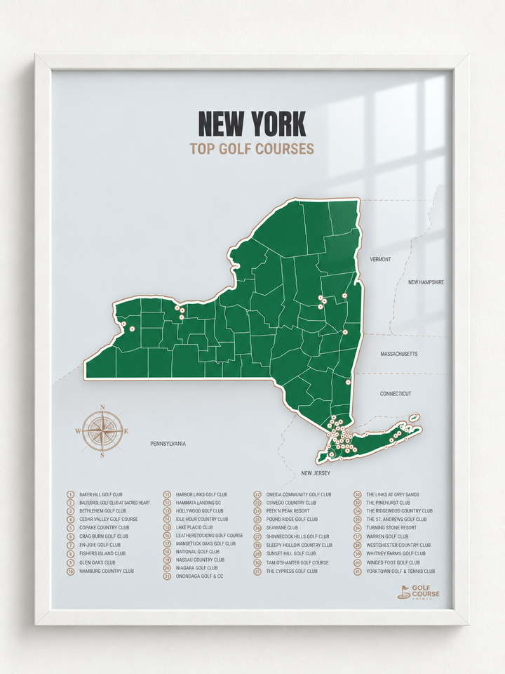 New York golf courses map in Green - White Framed