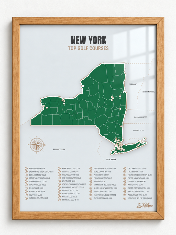 New York golf courses map in Green - Wooden Framed