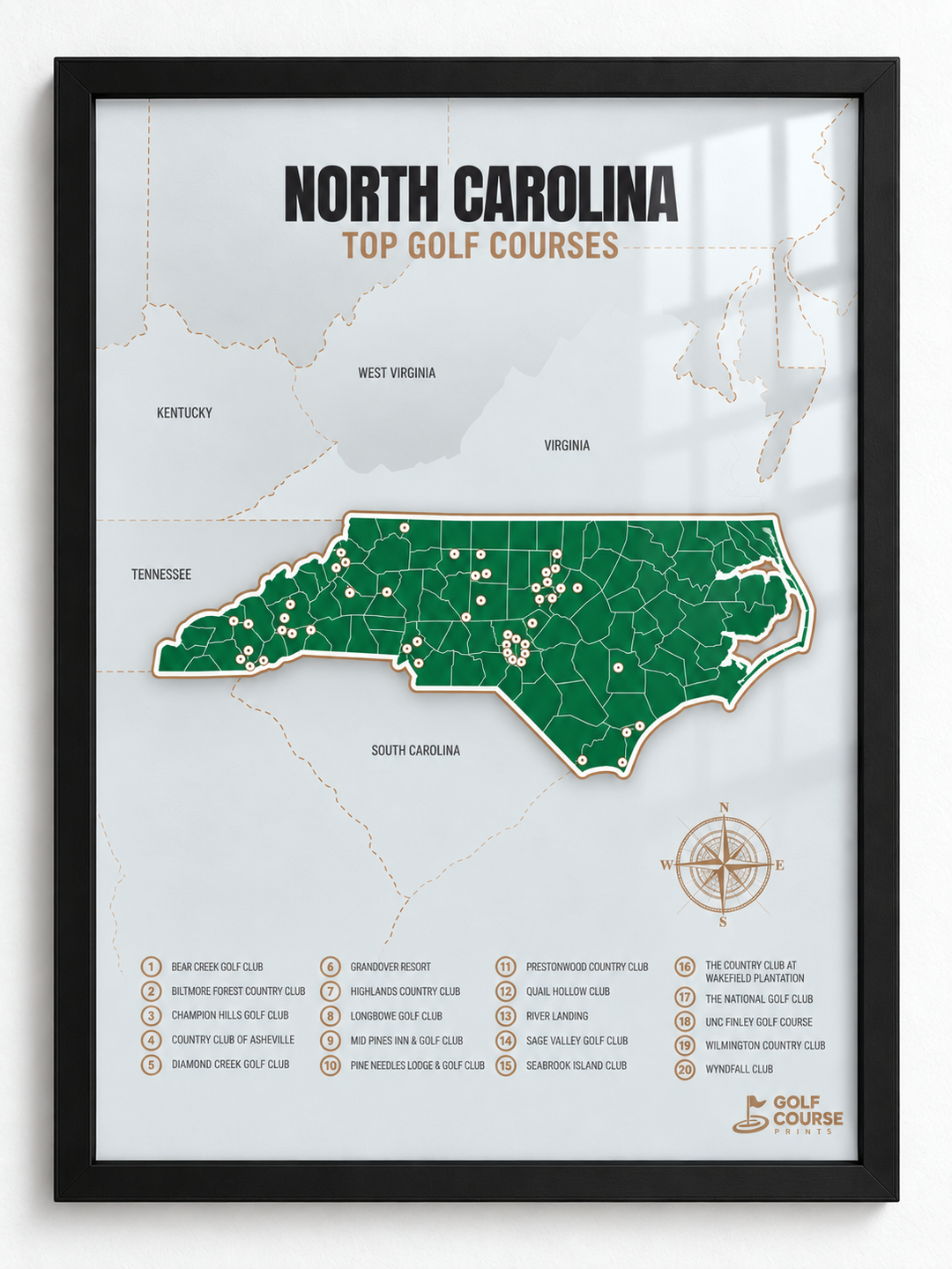 North Carolina golf courses map in Green - Black Framed