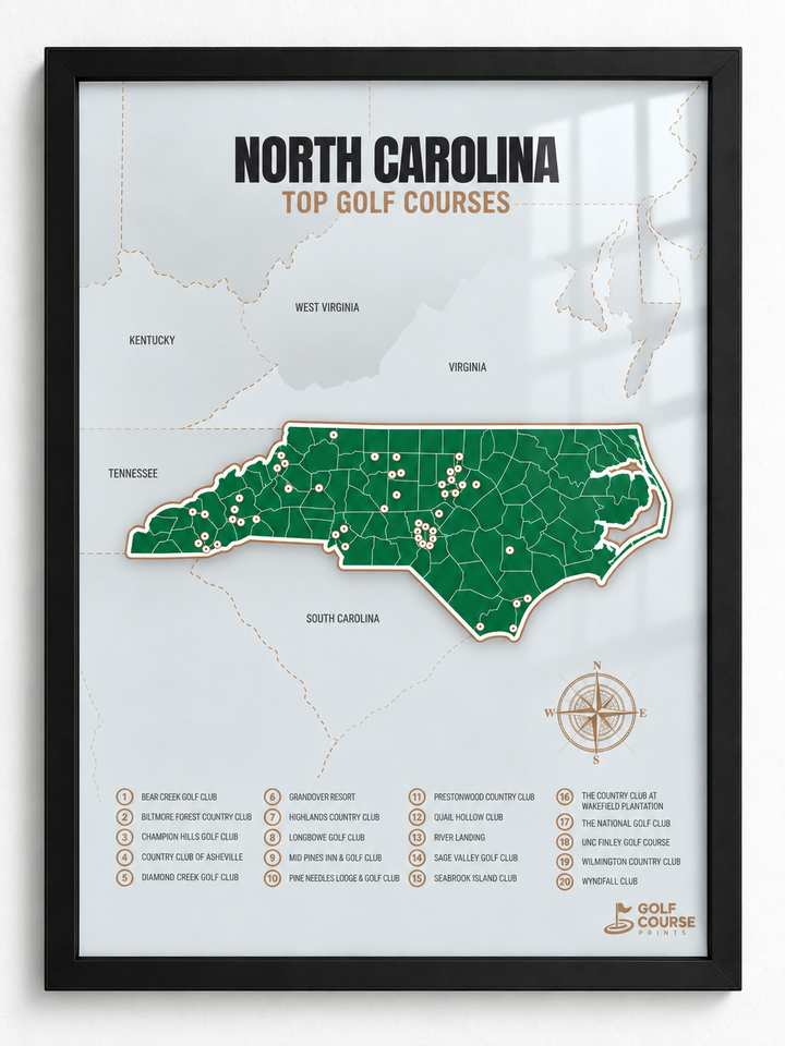North Carolina golf courses map in Green - Black Framed