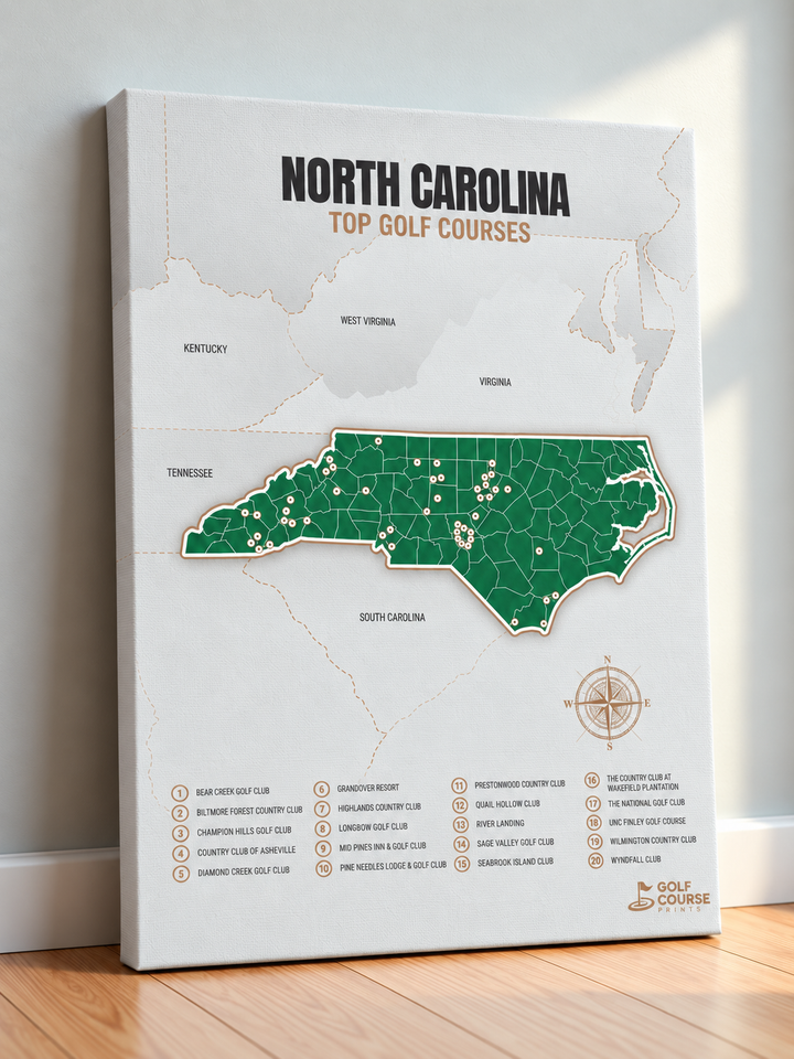 North Carolina golf courses map in Green - Canvas