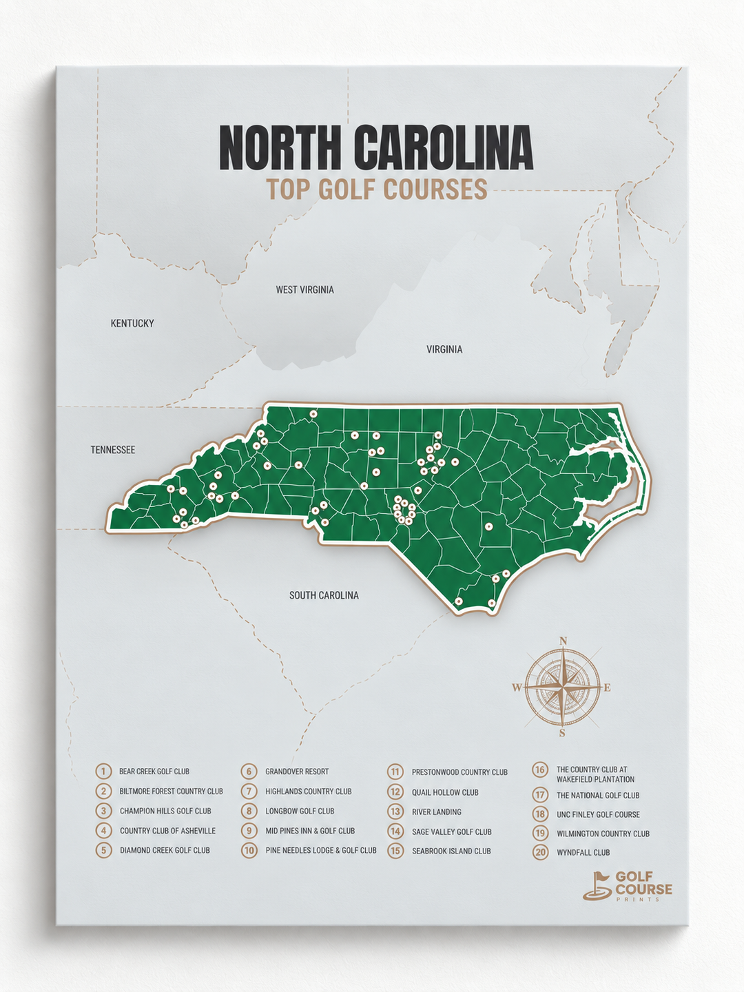 North Carolina golf courses map in Green - Unframed