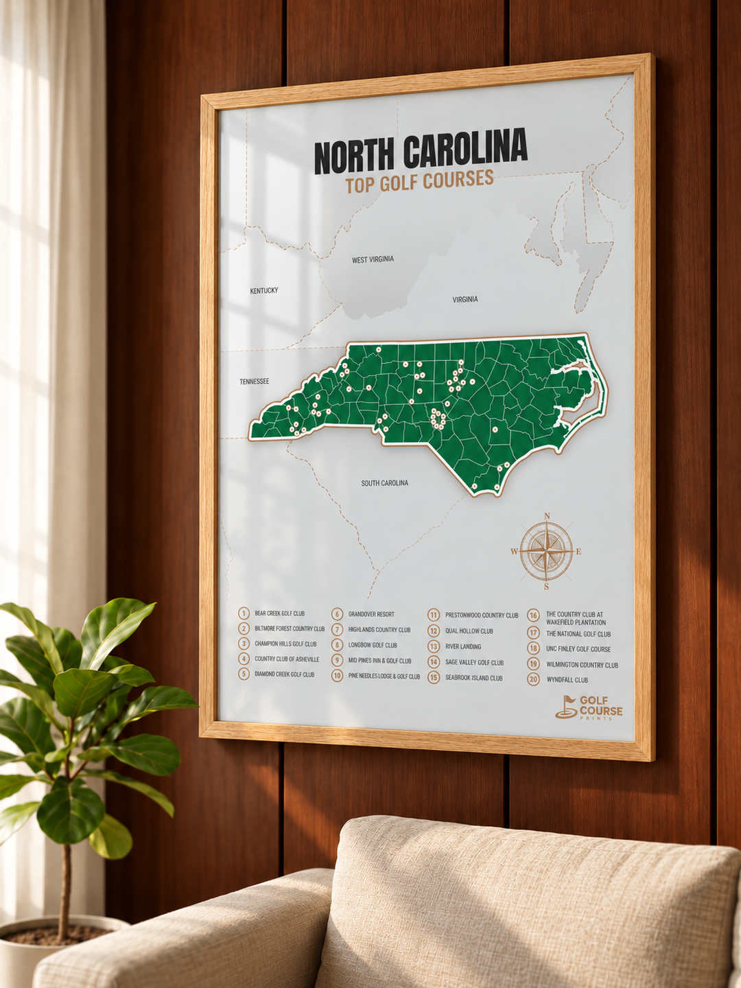 North Carolina golf courses map in Green - Lifestyle Wall