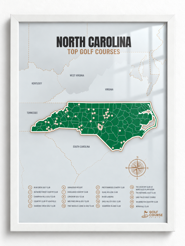 North Carolina golf courses map in Green - White Framed
