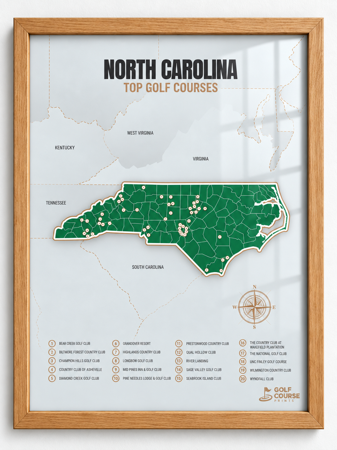 North Carolina golf courses map in Green - Wooden Framed