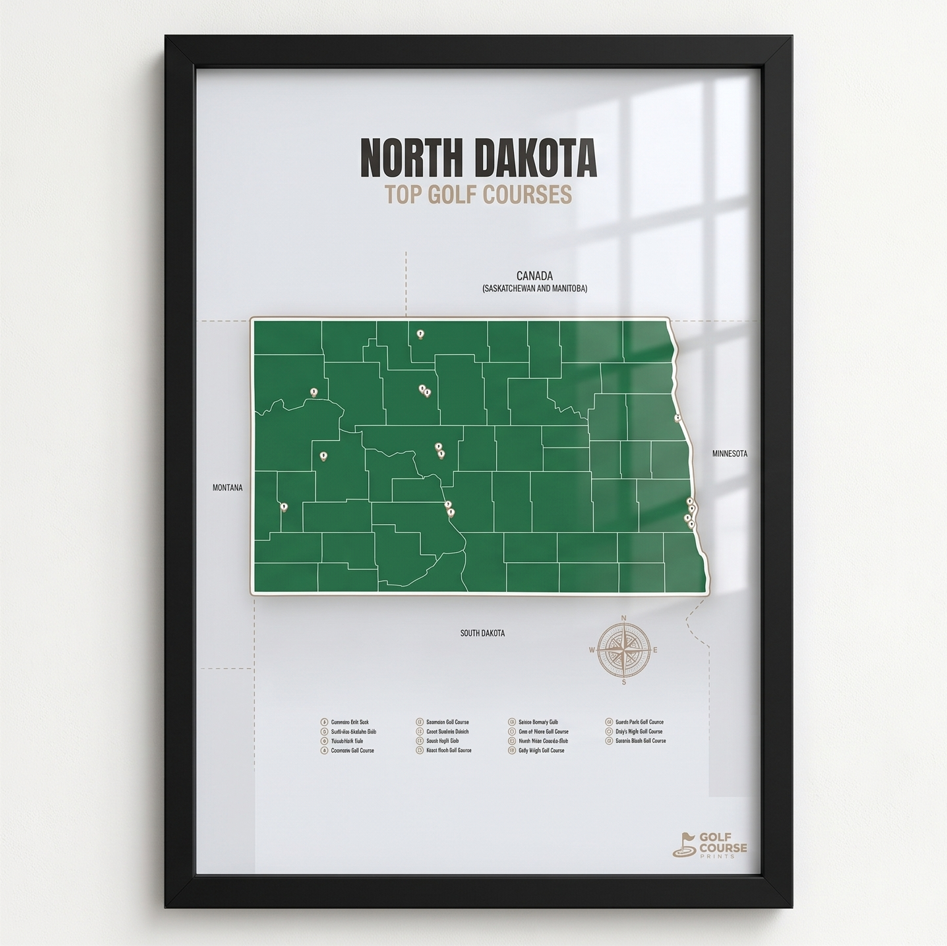 North Dakota golf courses map in Green - Black Framed