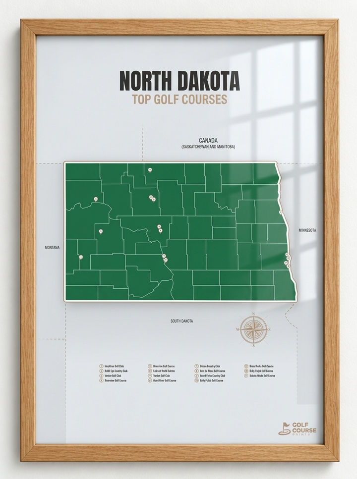 North Dakota golf courses map in Green - Unframed