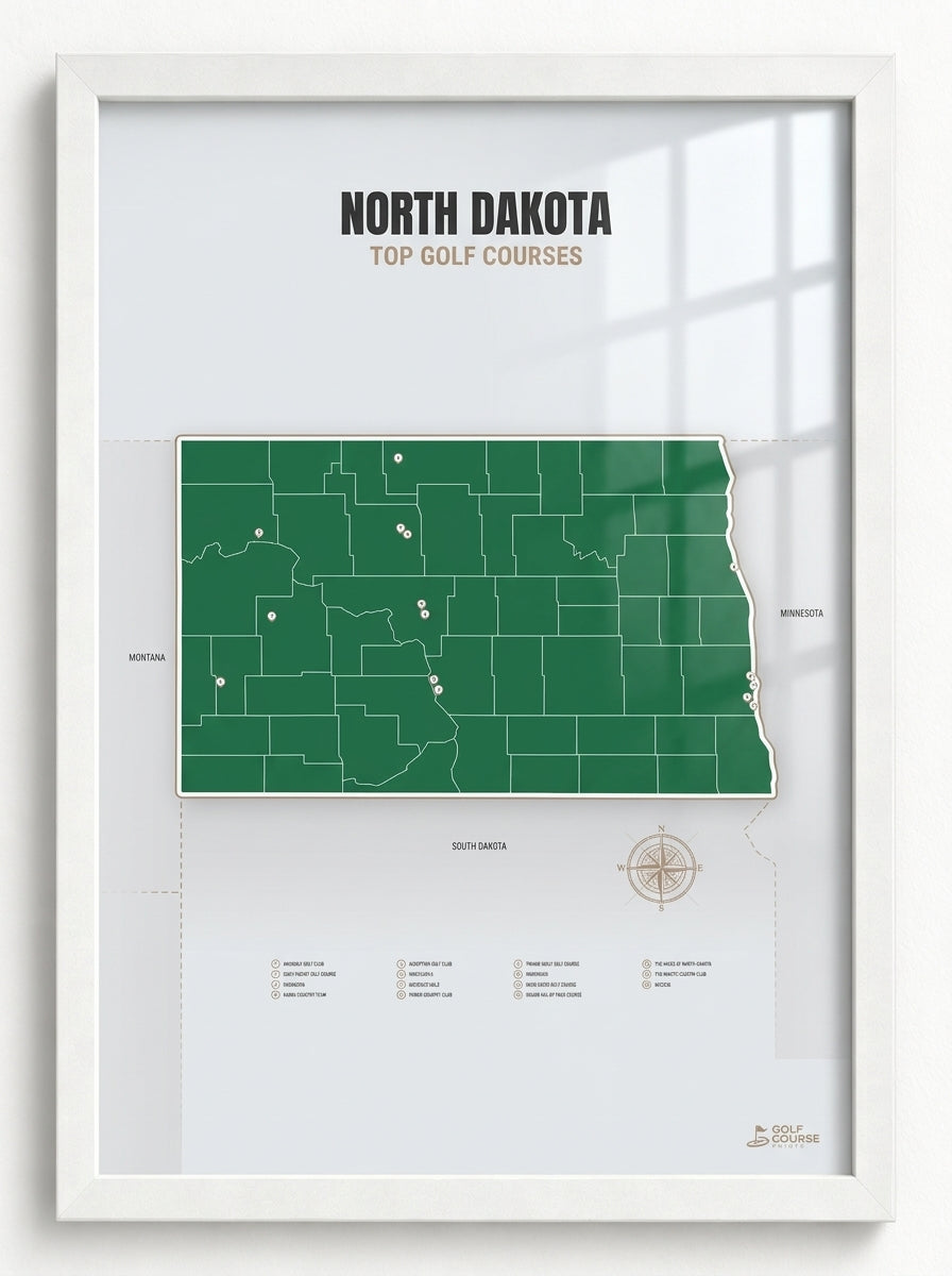 North Dakota golf courses map in Green - White Framed