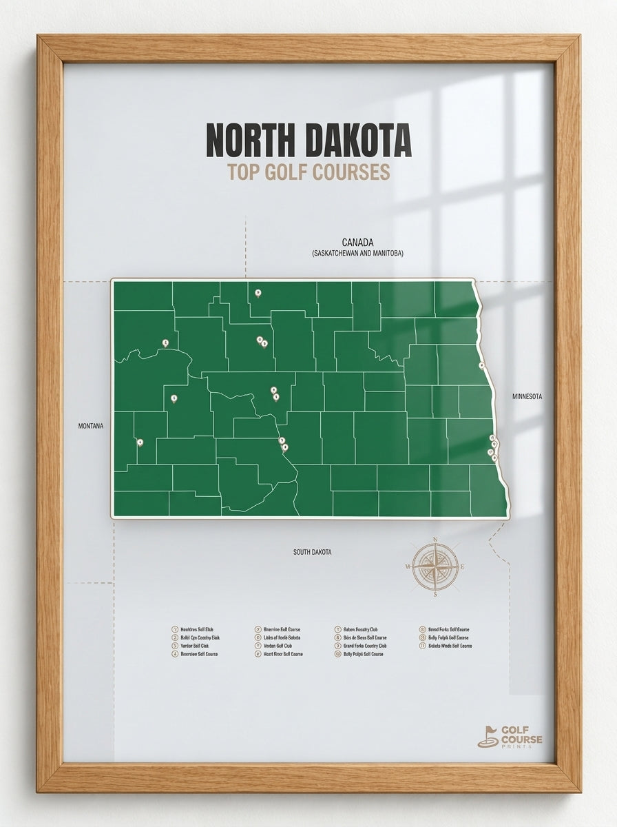 North Dakota golf courses map in Green - Wooden Framed