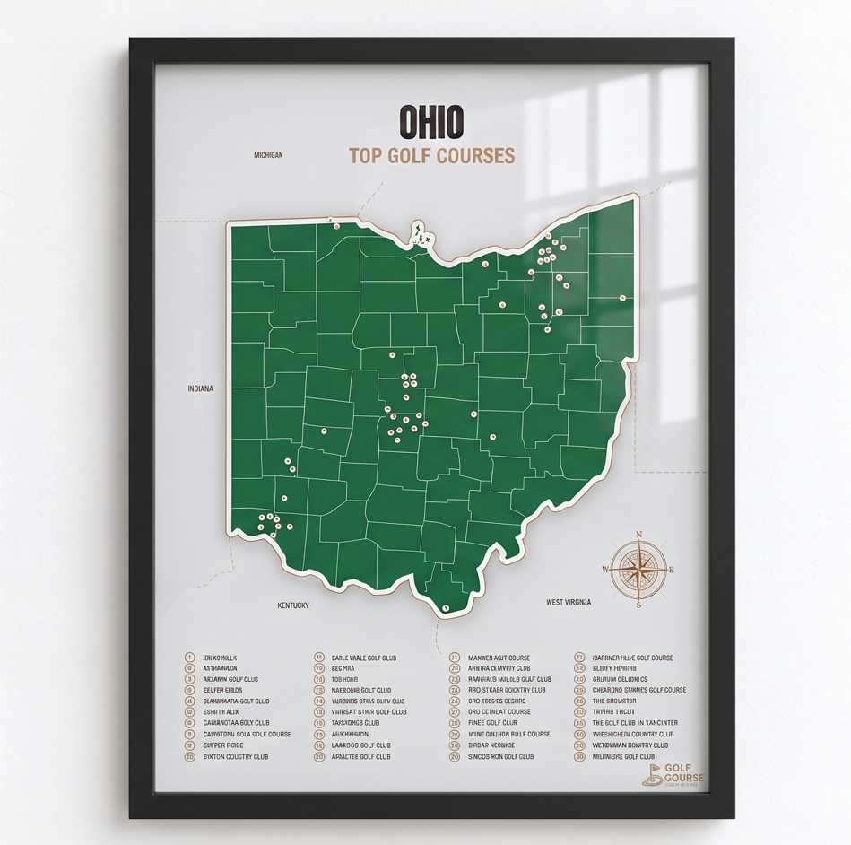 Ohio golf courses map in Green - Black Framed