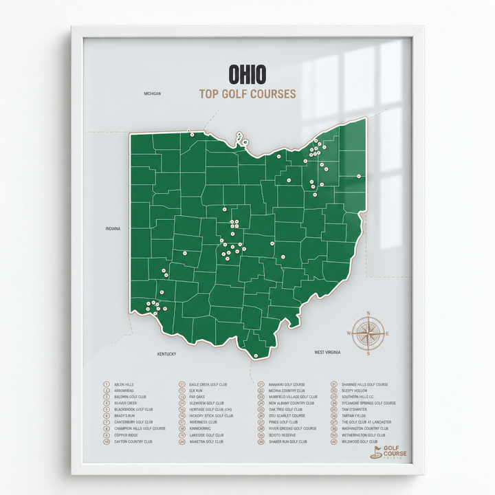 Ohio golf courses map in Green - White Framed