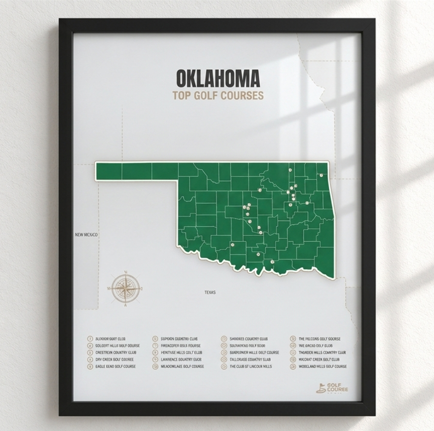Oklahoma golf courses map in Green - Black Framed