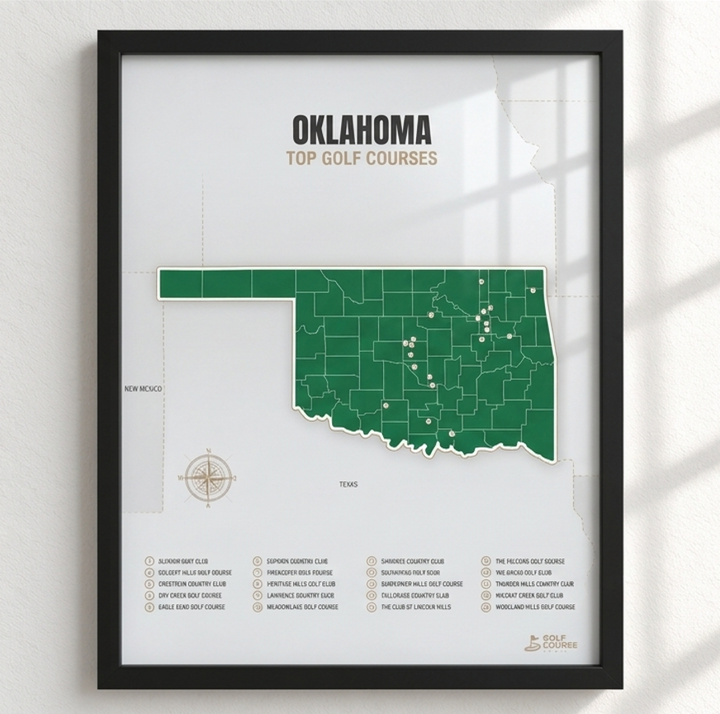 Oklahoma golf courses map in Green - Black Framed