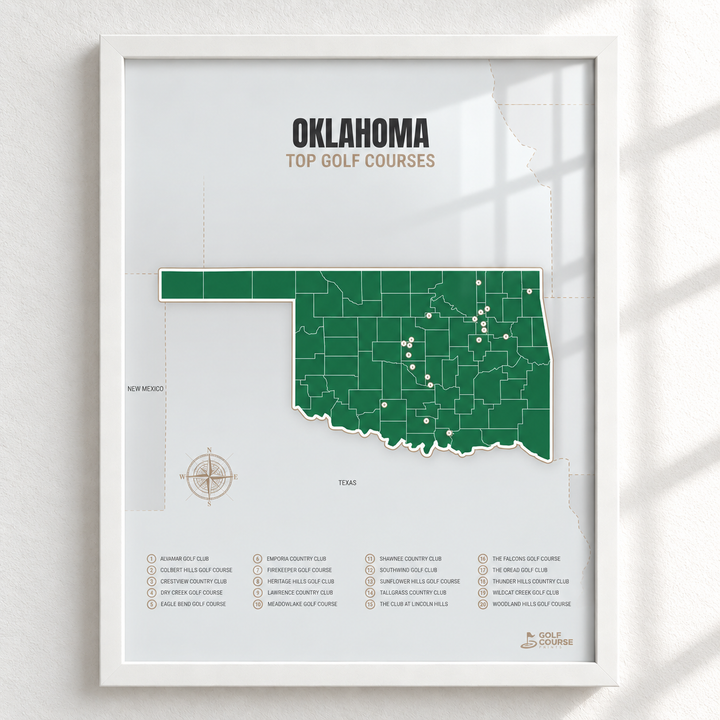 Oklahoma golf courses map in Green - White Framed