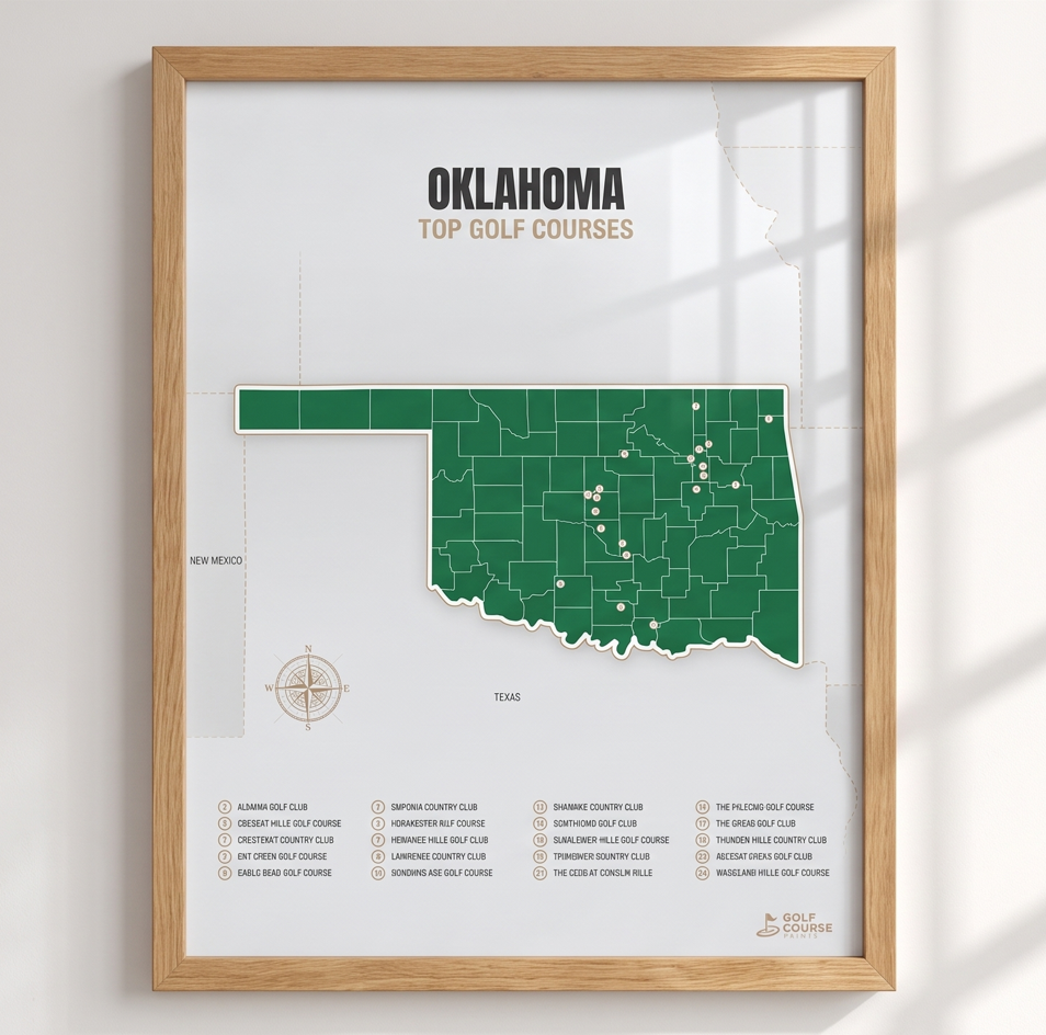 Oklahoma golf courses map in Green - Wooden Framed