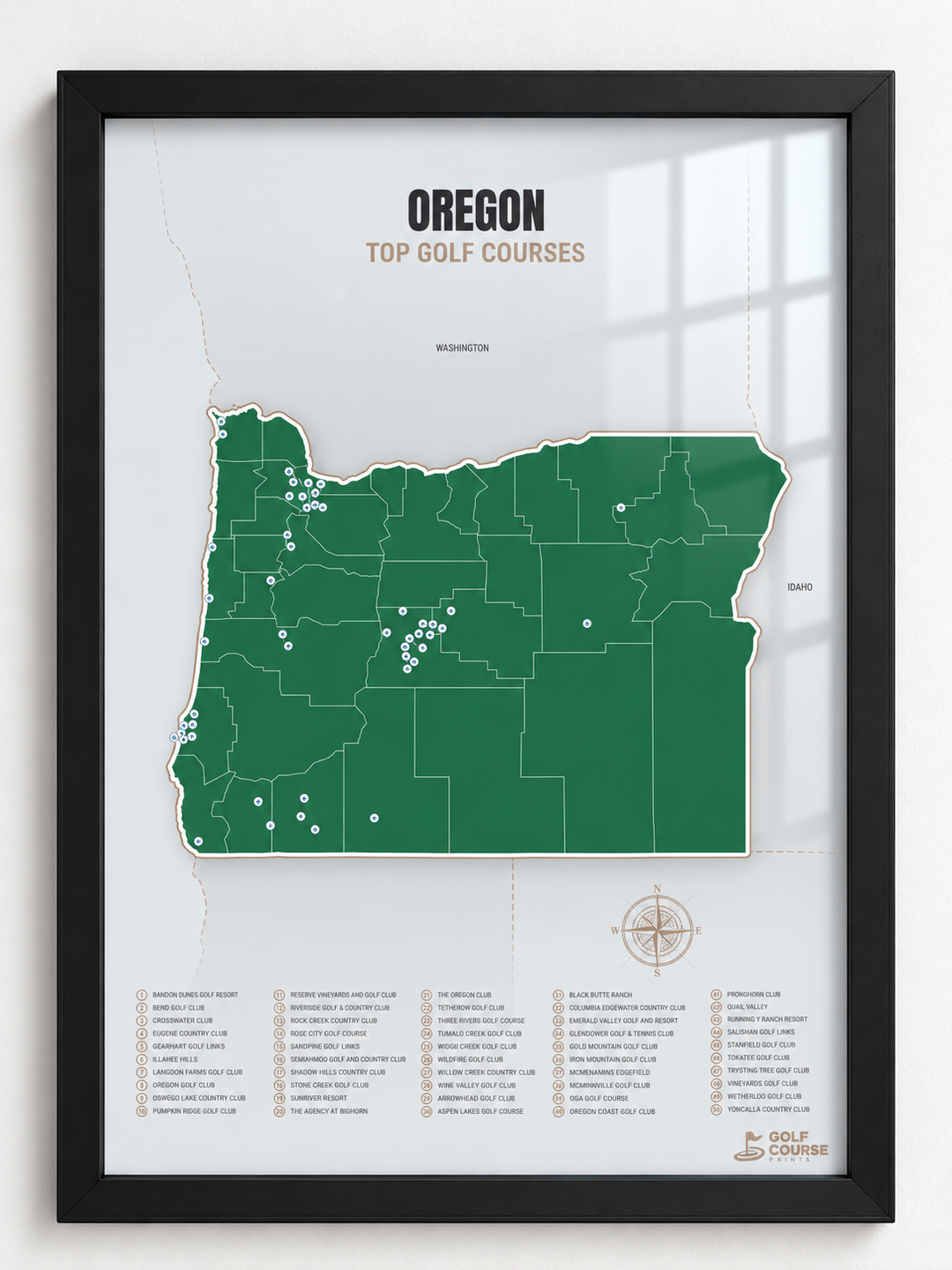 Oregon golf courses map in Green - Black Framed