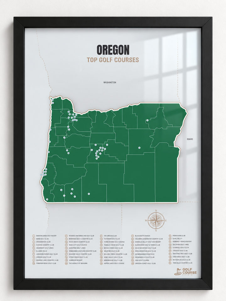 Oregon golf courses map in Green - Black Framed