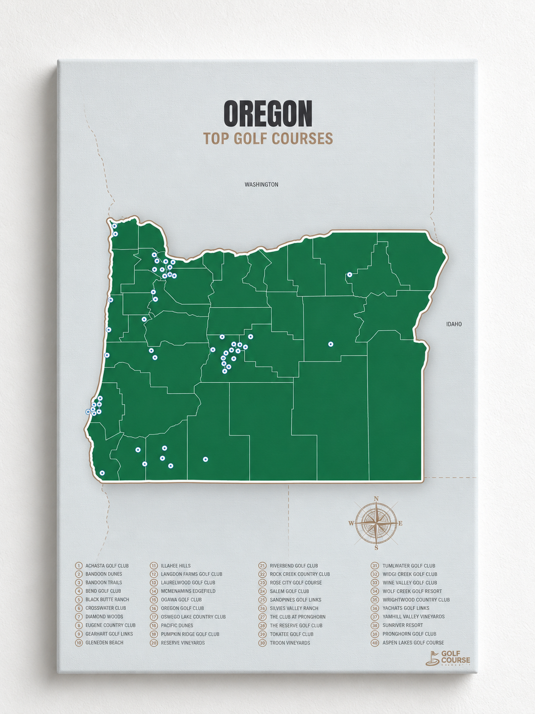 Oregon golf courses map in Green - Unframed