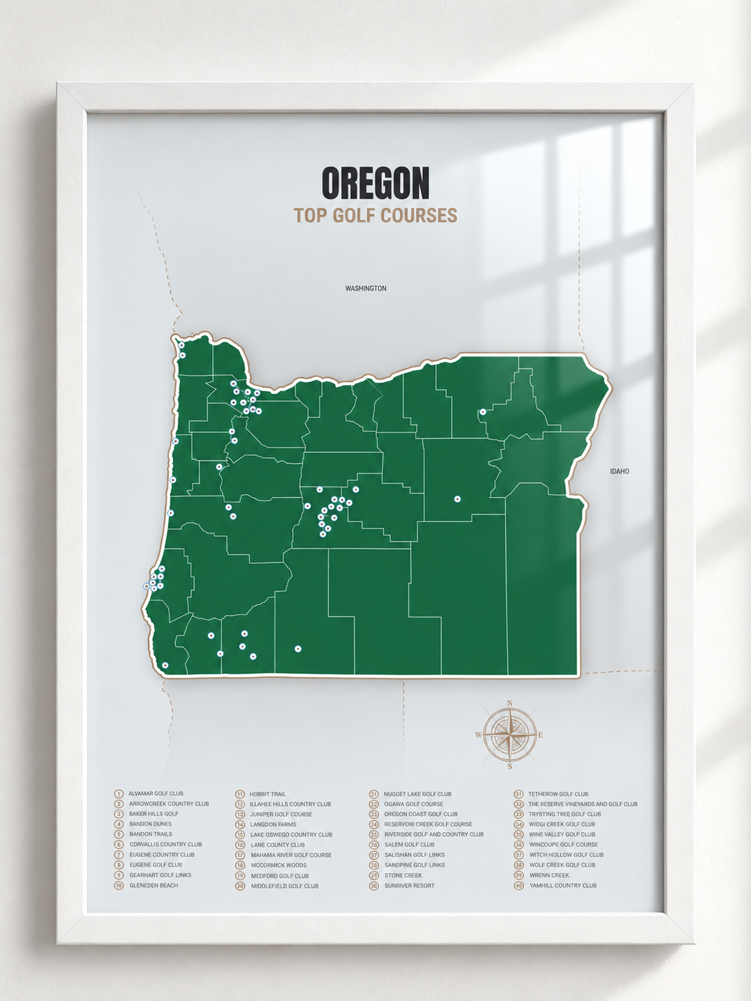 Oregon golf courses map in Green - White Framed