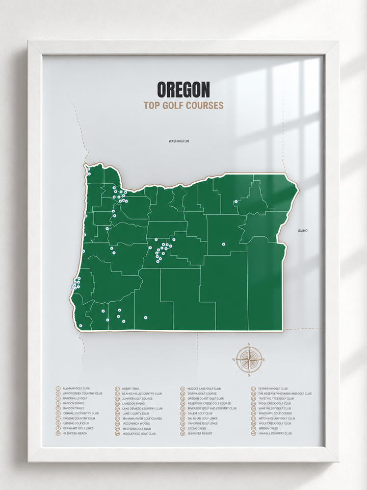 Oregon golf courses map in Green - White Framed