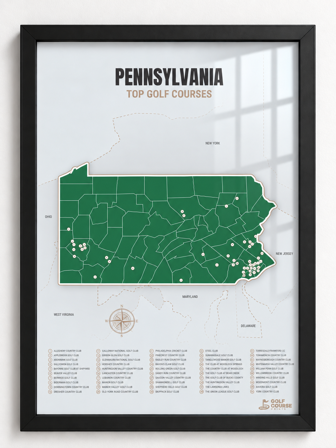 Pennsylvania golf courses map in Green - Black Framed