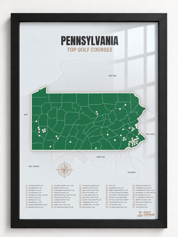 Pennsylvania golf courses map in Green - Black Framed