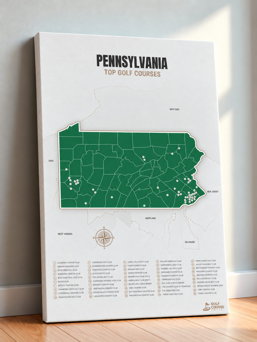 Pennsylvania golf courses map in Green - Canvas