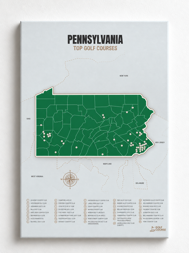 Pennsylvania golf courses map in Green - Unframed