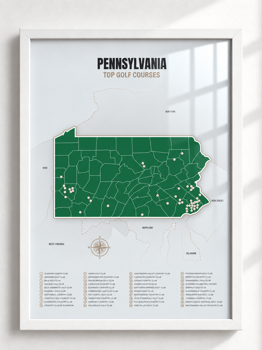 Pennsylvania golf courses map in Green - White Framed