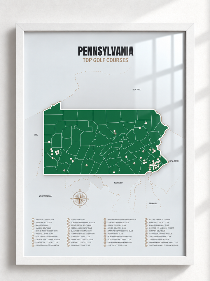 Pennsylvania golf courses map in Green - White Framed