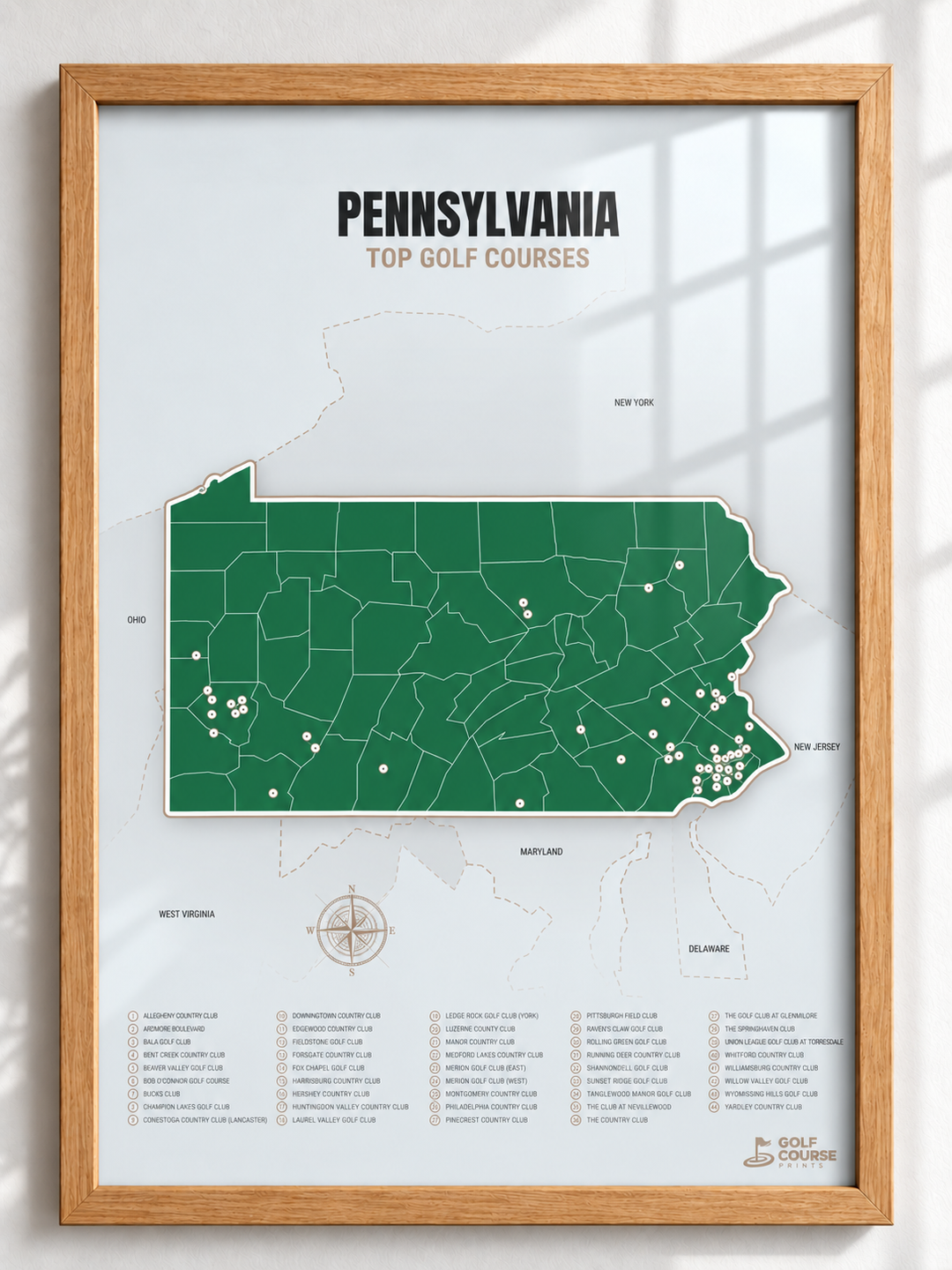 Pennsylvania golf courses map in Green - Wooden Framed