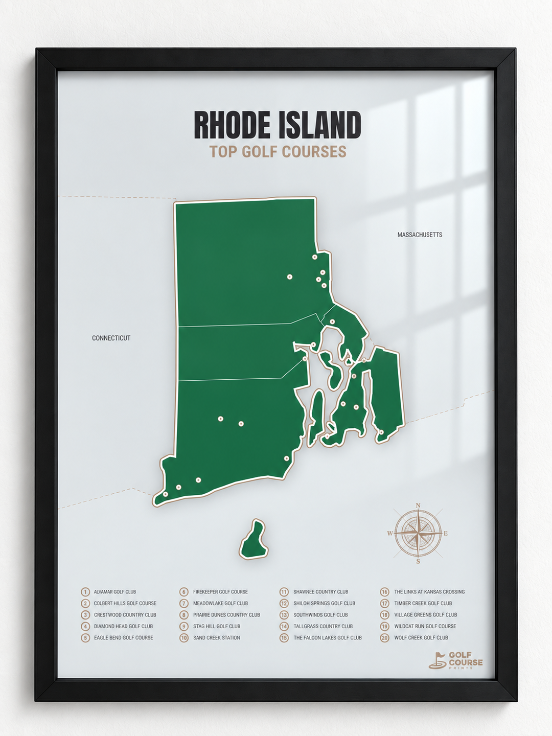 Rhode Island golf courses map in Green - Black Framed