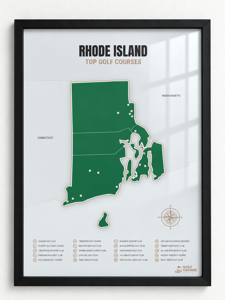 Rhode Island golf courses map in Green - Black Framed
