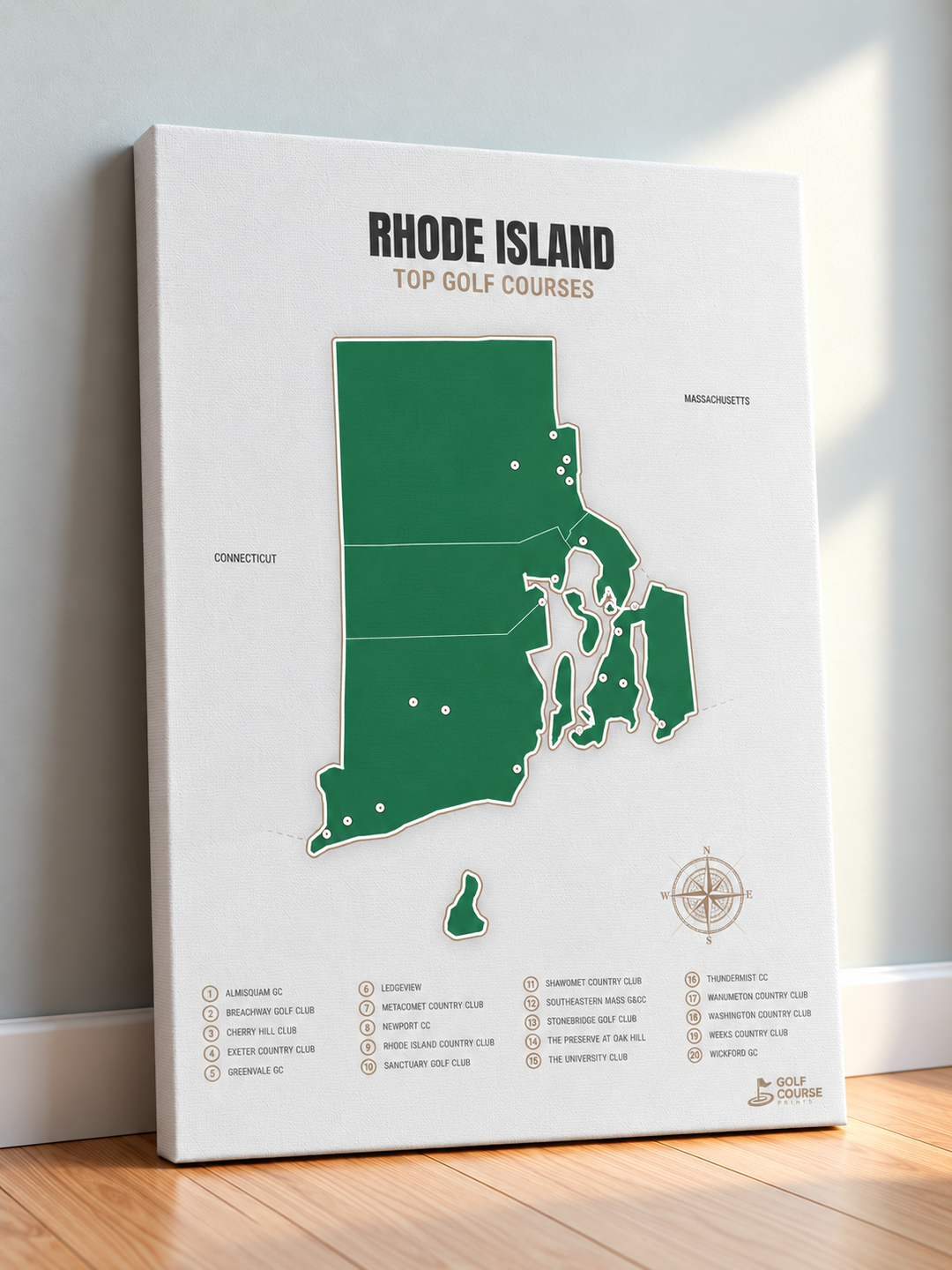 Rhode Island golf courses map in Green - Canvas