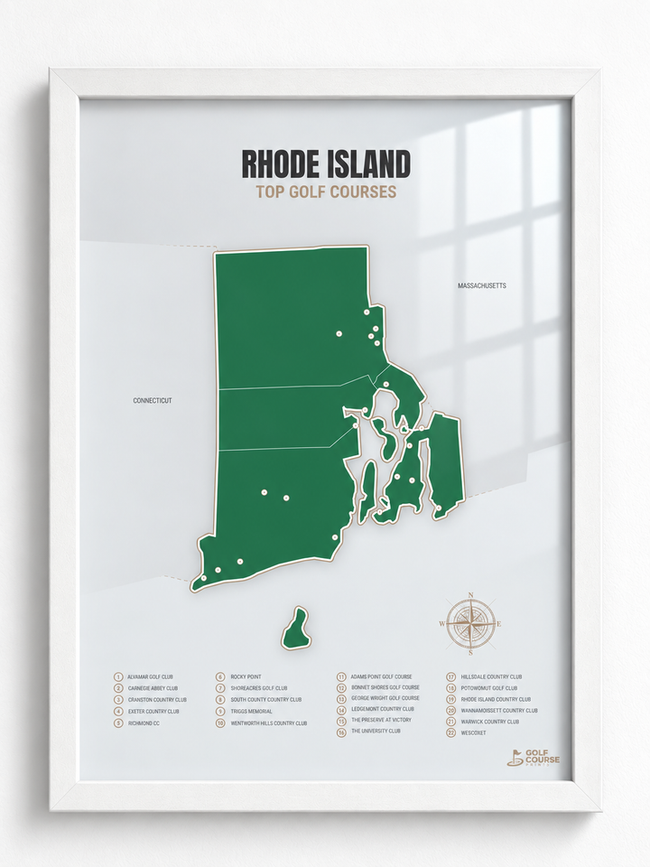 Rhode Island golf courses map in Green - White Framed