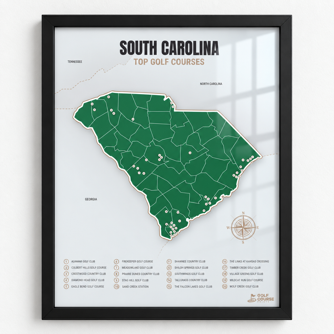 South Carolina golf courses map in Green - Black Framed